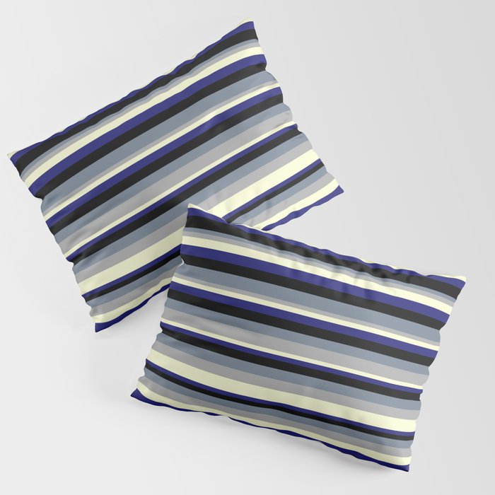 Colorful Slate Gray, Dark Gray, Light Yellow, Midnight Blue, and Black Colored Lined/Striped Pattern Pillow Sham