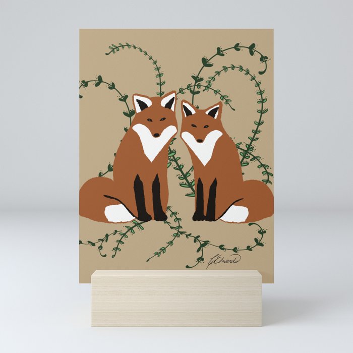 Red Foxes foliage leaves mid tones with redbrown Foxes Mini Art Print