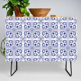 Blue Tiles Pattern Watercolor Indigo Credenza