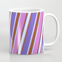 [ Thumbnail: Orchid, Brown, Slate Blue, and Light Cyan Colored Stripes Pattern Coffee Mug ]