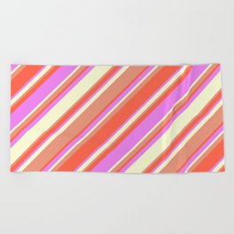 [ Thumbnail: Dark Salmon, Red, Violet, and Light Yellow Colored Lined/Striped Pattern Beach Towel ]