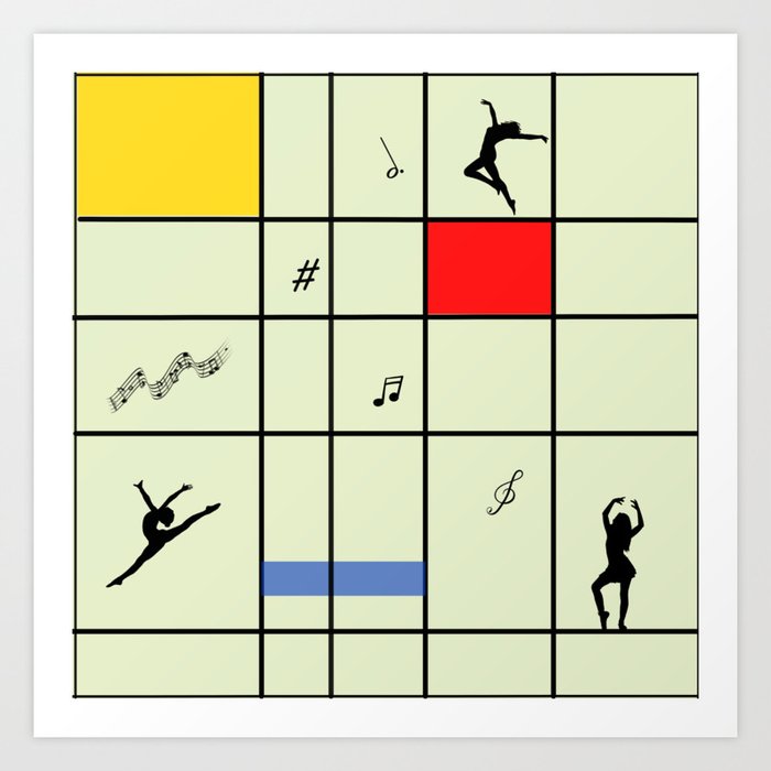 Dancing like Piet Mondrian - Composition with Red, Yellow, and Blue on the light green background Art Print