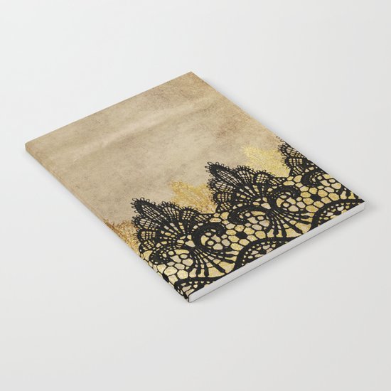 Elegance- Ornament black and gold lace on grunge paper backround Notebook