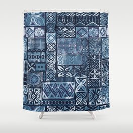 Hawaiian style blue tapa tribal fabric abstract patchwork vintage vintage pattern Shower Curtain