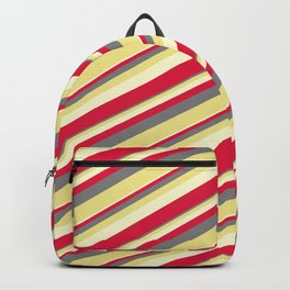 [ Thumbnail: Gray, Tan, Light Yellow & Crimson Colored Lines Pattern Backpack ]