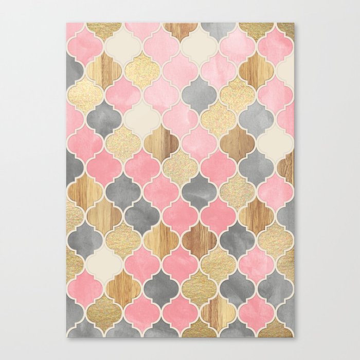 Silver Grey, Soft Pink, Wood & Gold Moroccan Pattern Canvas Print