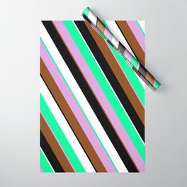 [ Thumbnail: Green, Plum, Brown, Black, and White Colored Pattern of Stripes Wrapping Paper ]