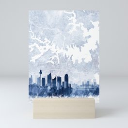 Sydney Skyline & Map Watercolor Navy Blue, Print by Zouzounio Art Mini Art Print