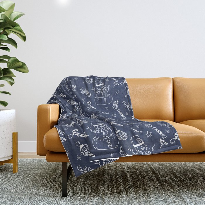 Navy Blue and White Christmas Snowman Doodle Pattern Throw Blanket
