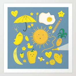 Yellow Kawaii Stuff Art Print | Banana, Pepper, Pineapple, Lemon, Yellow, Light, Heart, Apple, Star, Flash Light 