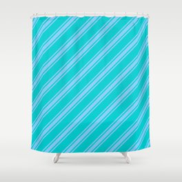 [ Thumbnail: Dark Turquoise and Light Sky Blue Colored Lined/Striped Pattern Shower Curtain ]