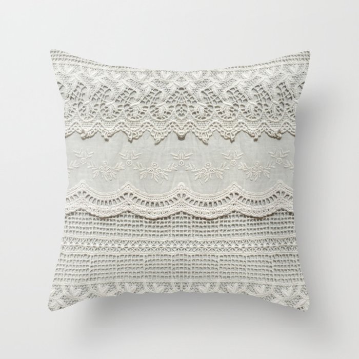 Beautiful, subtle, white laced textile close up. Good for bedroom, fashion, cloth, apparel, interior, folk, textile, ornament or background design. More of this motif & more textiles in my port. Throw Pillow