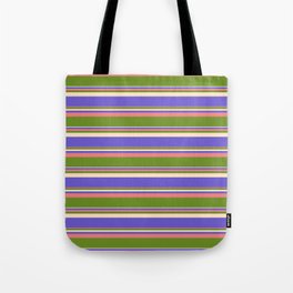 [ Thumbnail: Light Coral, Green, Bisque & Slate Blue Colored Striped/Lined Pattern Tote Bag ]