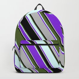 [ Thumbnail: Colorful Dark Olive Green, Light Cyan, Purple, Grey, and Black Colored Lined/Striped Pattern Backpack ]