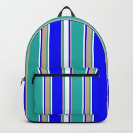 [ Thumbnail: Blue, Tan, Light Sea Green, and White Colored Striped Pattern Backpack ]