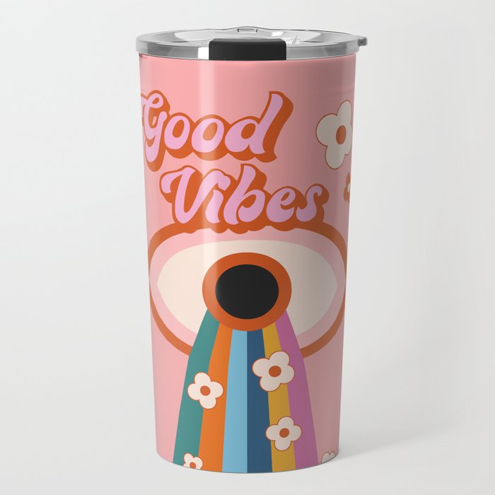 Good Vibes Groovy Funky Rainbow Pink Print Travel Mug