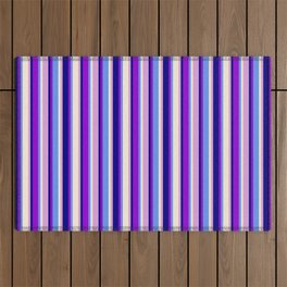 [ Thumbnail: Colorful Blue, Dark Violet, Cornflower Blue, Beige, and Plum Colored Lined Pattern Outdoor Rug ]