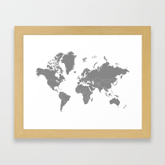 Minimalist World Map Gray on White Background Framed Art Print