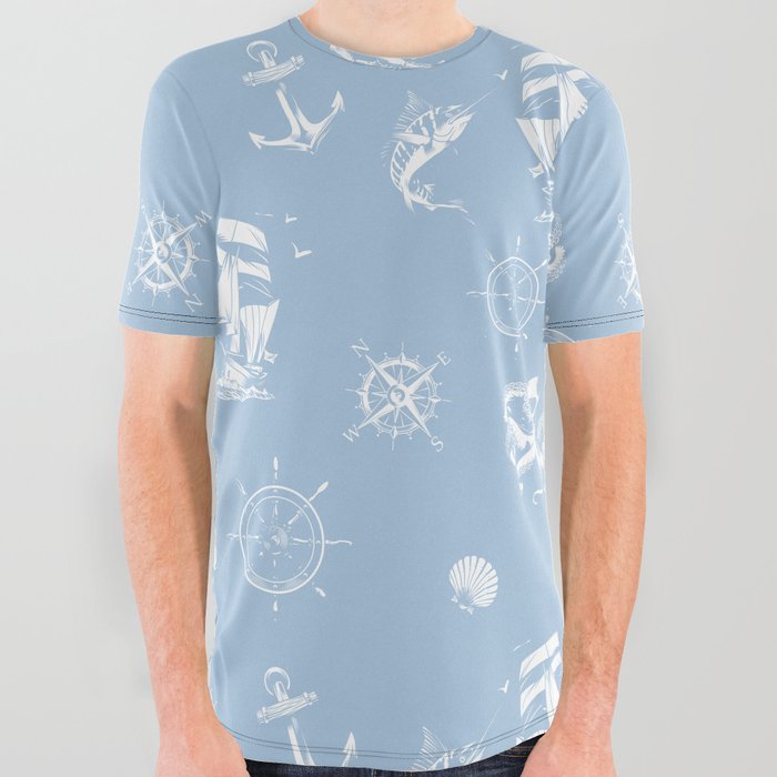 Pale Blue And White Silhouettes Of Vintage Nautical Pattern All Over Graphic Tee