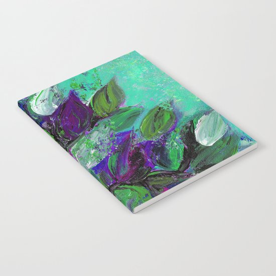 BLOOMING BEAUTIFUL 1 - Floral Painting Mint Green Seafoam Purple White Leaves Petals Summer Flowers Notebook