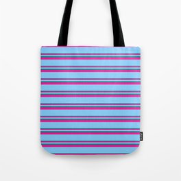 [ Thumbnail: Dark Cyan, Deep Pink, and Light Sky Blue Colored Lined Pattern Tote Bag ]