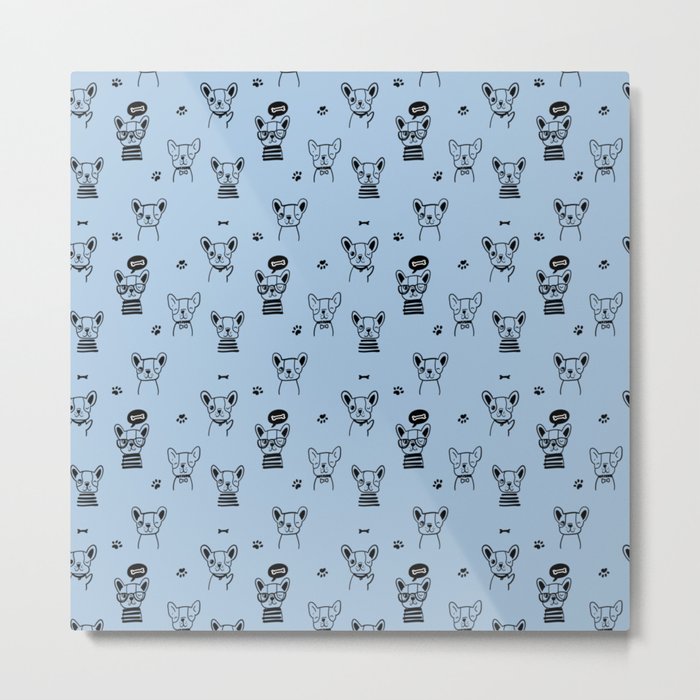 Pale Blue and Black Hand Drawn Dog Puppy Pattern Metal Print