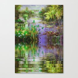 Water lily pond mirror reflection with bridge French garden floral landscape painting by Claude Monet Canvas Print