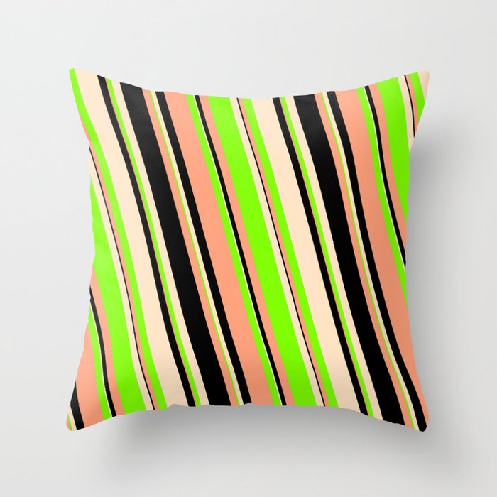 Light Salmon, Black, Bisque & Chartreuse Colored Striped/Lined Pattern Throw Pillow