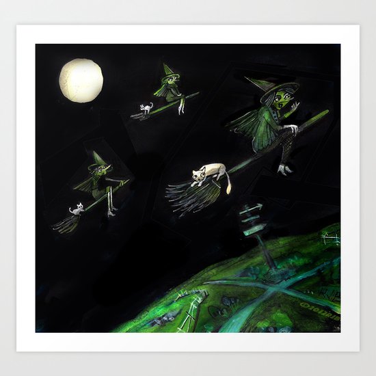 Three Witches on Brooms with the Moon. Art Print