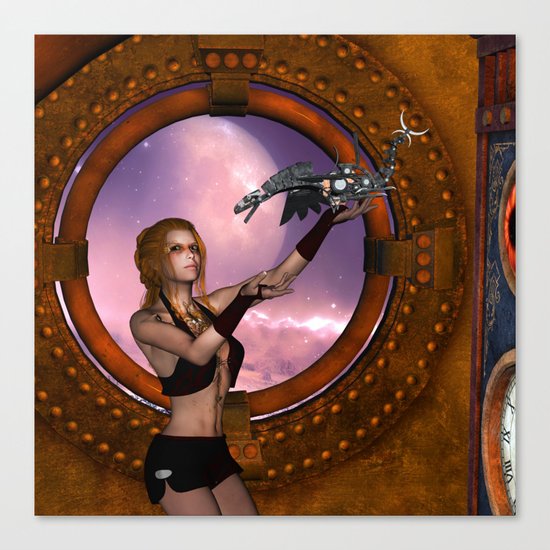 Wonderful steampunk lady with steam dragon Canvas Print