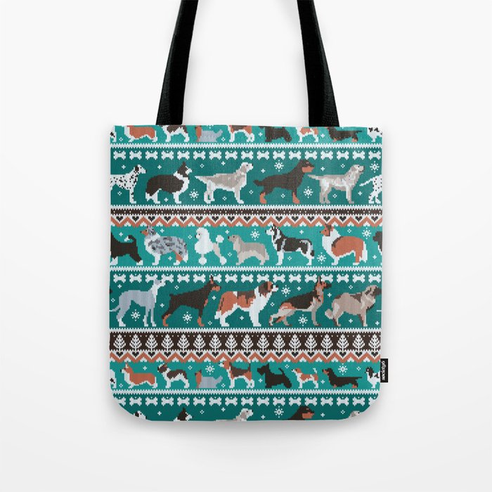 Fluffy and bright fair isle knitting doggie friends // pine and java green background brown orange white and grey dog breeds  Tote Bag