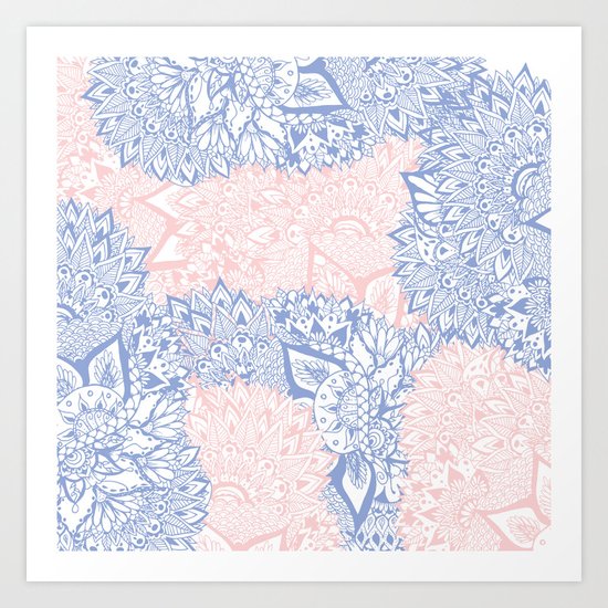 Modern pink rose quartz serenity blue mandala floral illustration Art Print