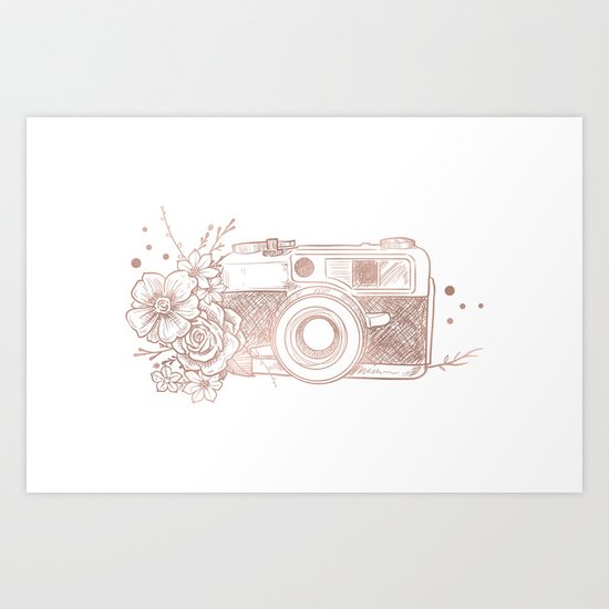 Floral Camera Pink Rose Gold Art Print