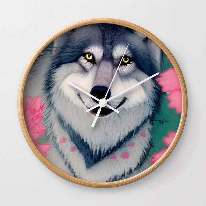 Wolf with Spring Flowers Wall Clock