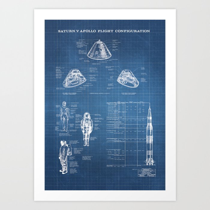 Apollo 11 Saturn V Command Module Blueprint in High Resolution (light blue) Art Print