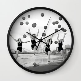 Balloons dancers on the seashore female roaring twenties jazz age portrait black and white photograph - photography - photographs Wall Clock