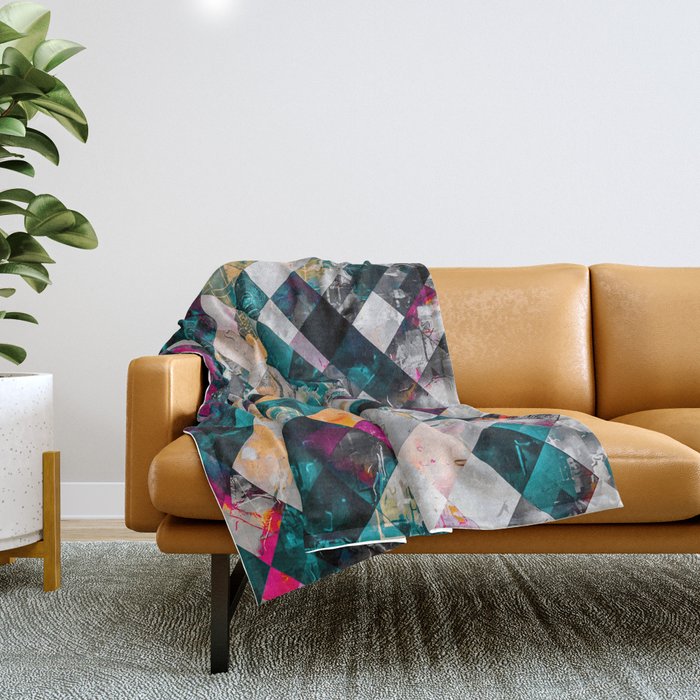 geometric pixel square pattern abstract background in blue yellow pink Throw Blanket