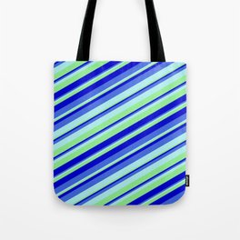 [ Thumbnail: Turquoise, Light Green, Blue, and Royal Blue Colored Stripes/Lines Pattern Tote Bag ]