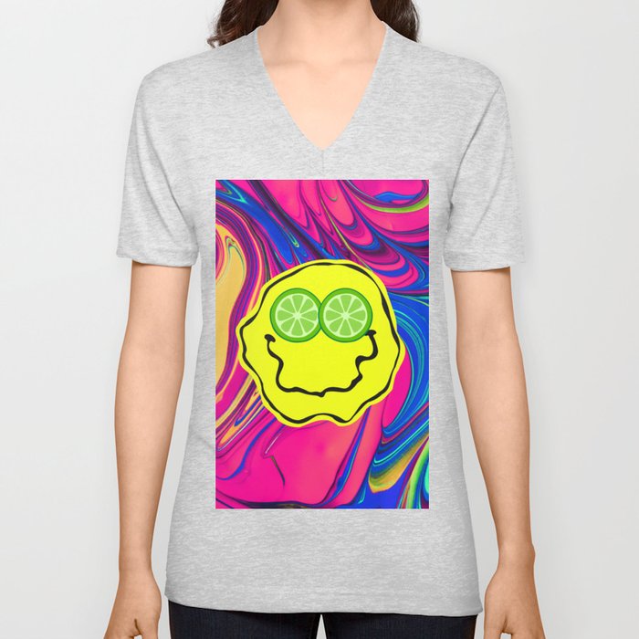 Psychedelic Lime Eyes Smiley V Neck T Shirt