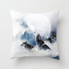 Winter Wolves, Wildlife Wolf Wild Dogs, Snow Full Moon Animals Photography Love Digital Art Throw Pillow