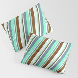 [ Thumbnail: Light Slate Gray, Aquamarine, Brown & Mint Cream Colored Stripes/Lines Pattern Pillow Sham ]