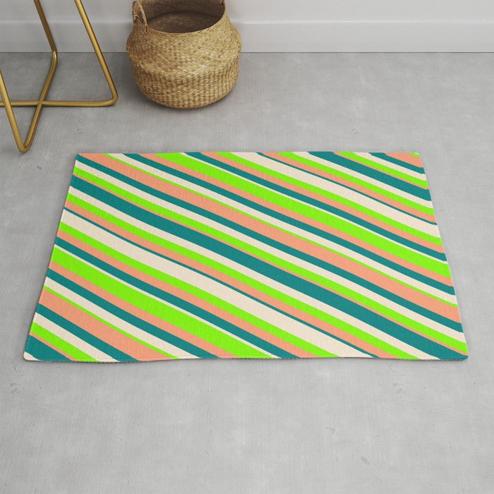 Beige, Chartreuse, Light Salmon, and Teal Colored Lines Pattern Rug