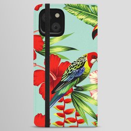 tropic bird toucan multicolor parrot background exotic flower hibiscus palm leaf summer floral plant nature animals wallpaper pattern iPhone Wallet Case