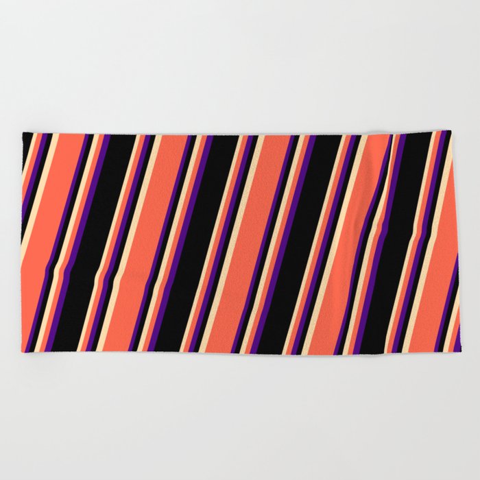 Tan, Red, Indigo, and Black Colored Striped/Lined Pattern Beach Towel