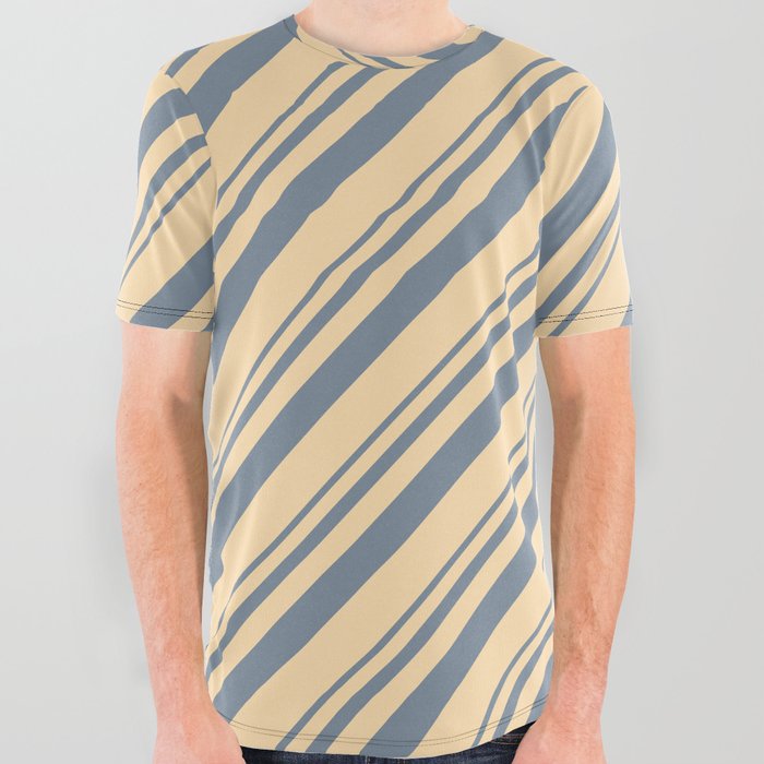 Light Slate Gray & Tan Colored Lines Pattern All Over Graphic Tee