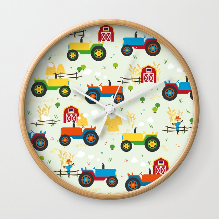 Rows of Colorful Farm Tractors Wall Clock