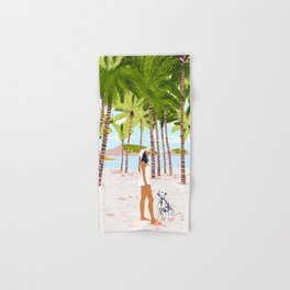 The Happy Spots, Dalmatian Dog Pets, Bohemian Woman Beach Tropical Palm Fashion Illustration Hand & Bath Towel