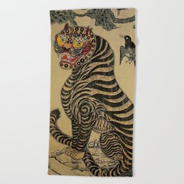 Striped Vintage Minhwa Tiger and Magpie Beach Towel