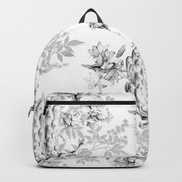 PEACOCK LILY TREE AND LEAF TOILE GRAY AND WHITE PATTERN Backpack | Peacock, Spring, Wings, Trandingcolors, Toile, Birds, Saundramylesart, Vintage, Lily, Gray 
