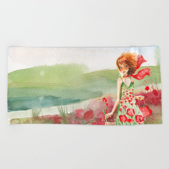 Poppy Girl in Poppies Summer Field Beach Towel